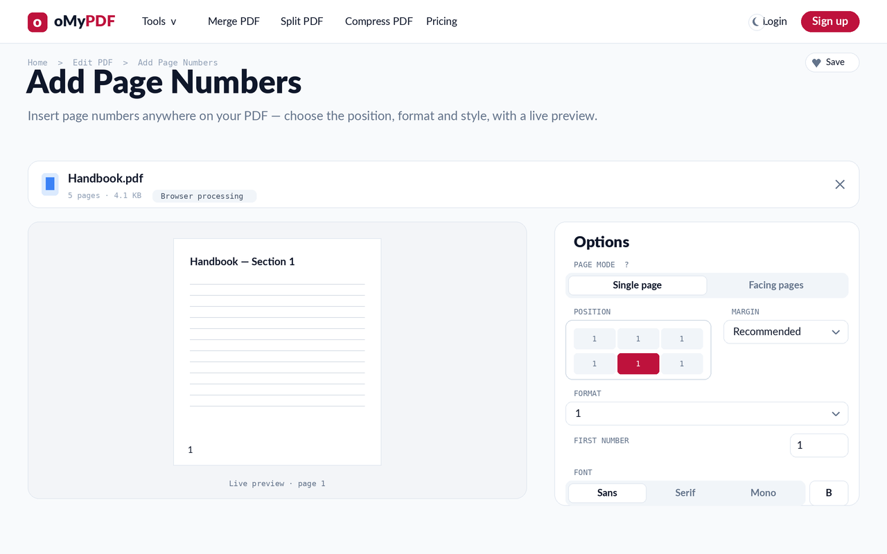 Choosing the position and format to insert page numbers in a PDF, with a live preview