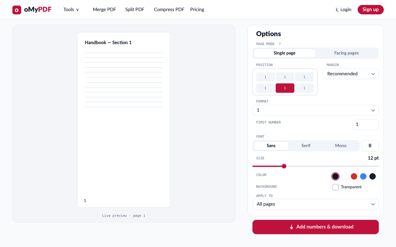 Styling page numbers — font, size, color, and apply-to options with live preview