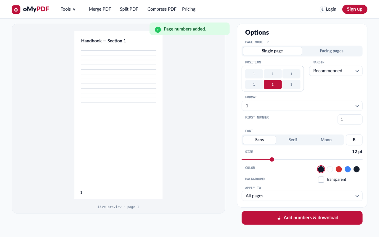 Page numbers added confirmation after numbering a PDF
