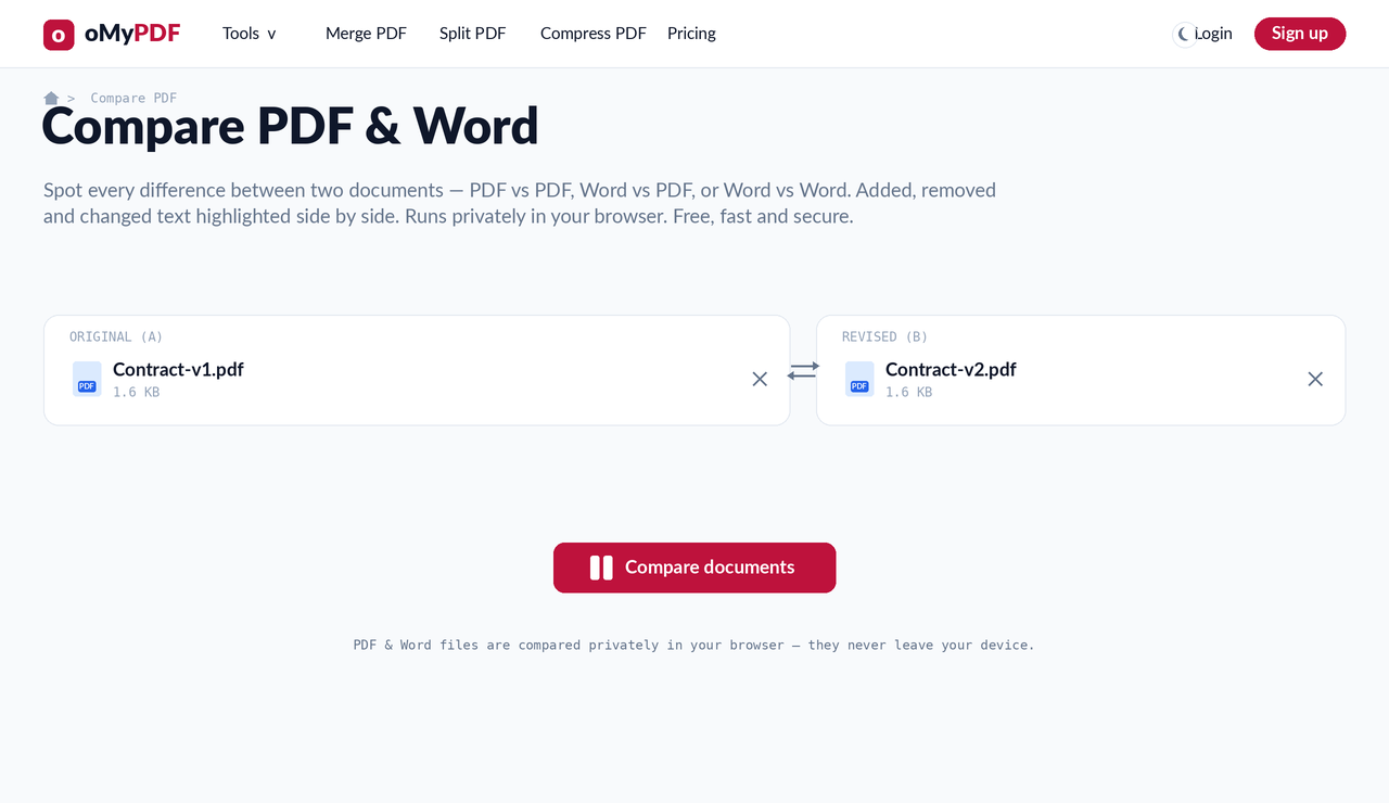 Both PDF files loaded, ready to compare with the Compare documents button