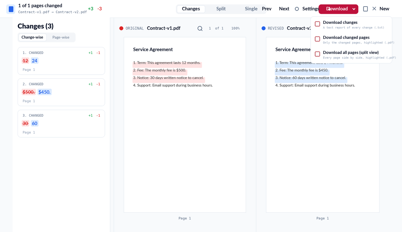Exporting the PDF comparison as a text report or a highlighted PDF