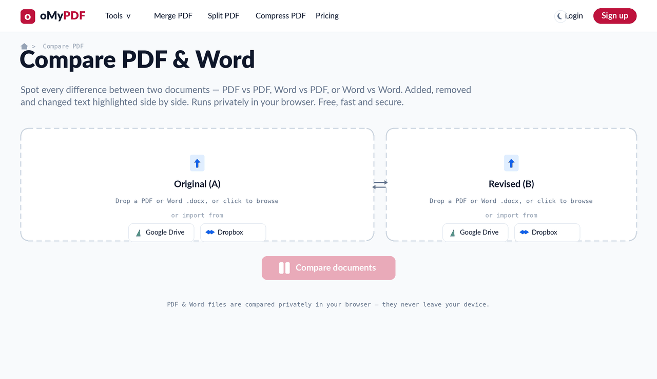 Animated walkthrough of comparing two PDF files and reviewing the highlighted differences