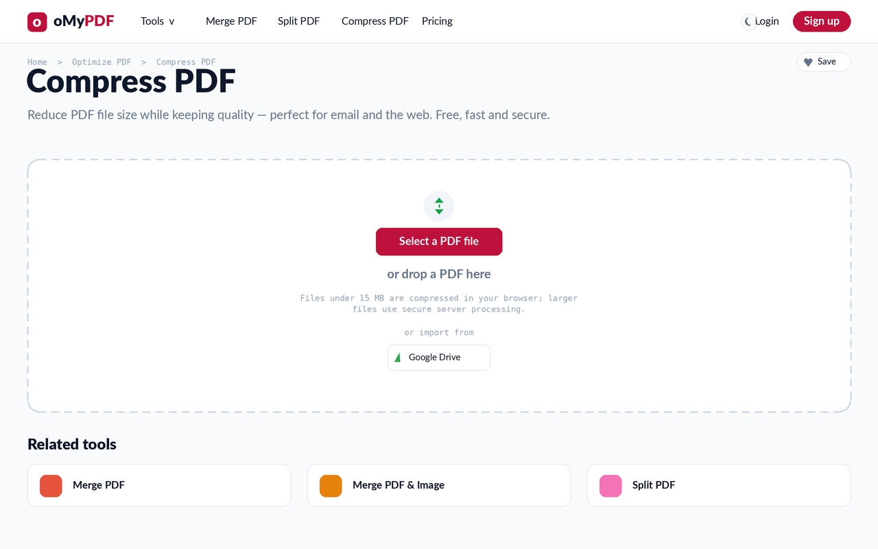 Compress PDF start screen with the Select a PDF file upload area