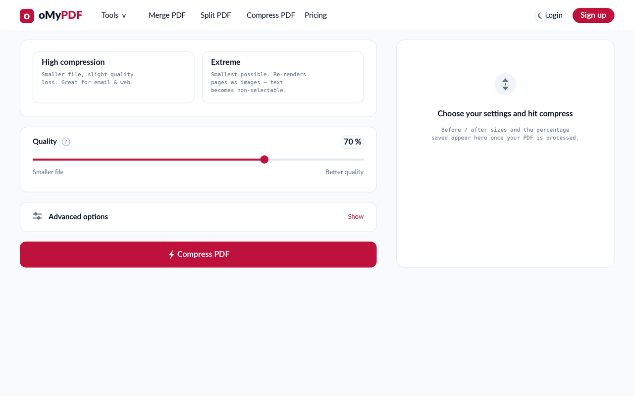 Quality slider, Advanced options, and the Compress PDF button