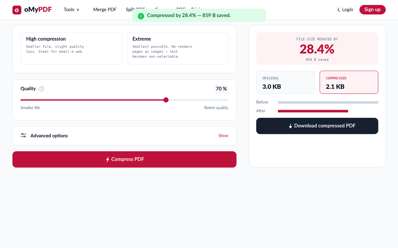 Result panel showing a 28.4% size reduction and the download button