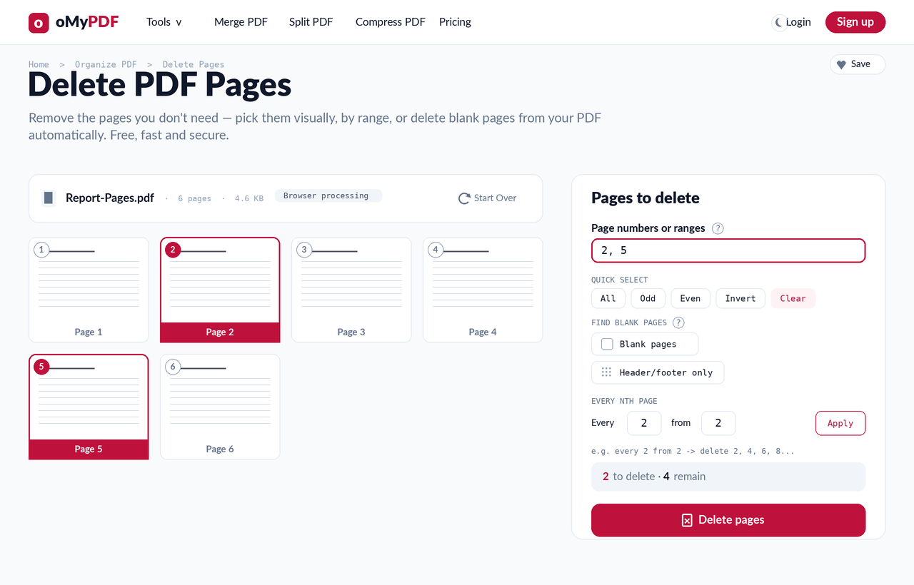 Selecting pages 2 and 5 to delete from a PDF with the range box and quick-select helpers