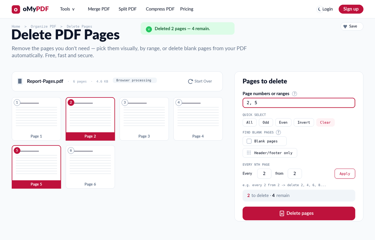 Deleted pages confirmation after removing pages from a PDF
