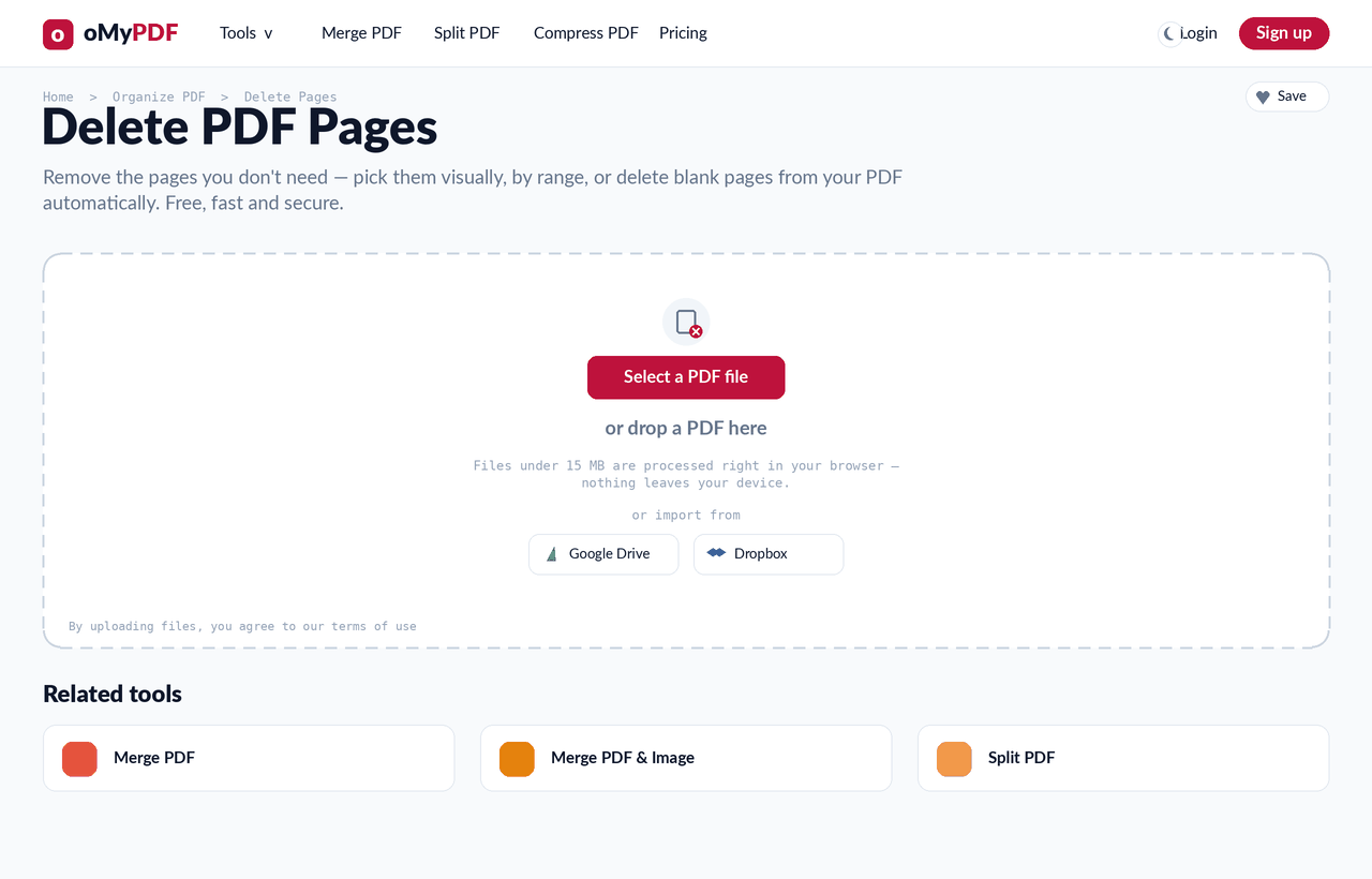 Animated walkthrough of deleting pages from a PDF and downloading the result