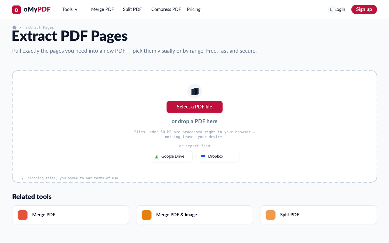 Extract PDF Pages tool upload screen — extract pages from a PDF online free