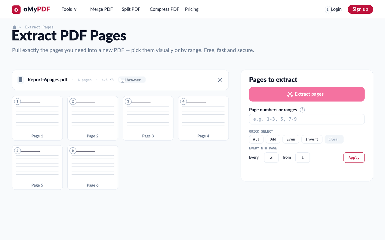 PDF page thumbnail grid with the Pages to extract panel