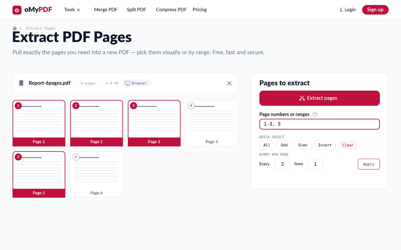 Selecting pages 1, 2, 3 and 5 to extract from a PDF with the range box and quick-select helpers