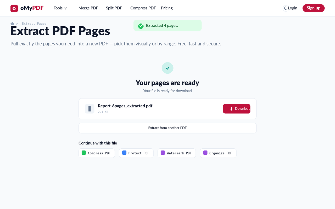 Extracted pages ready to download as a new PDF