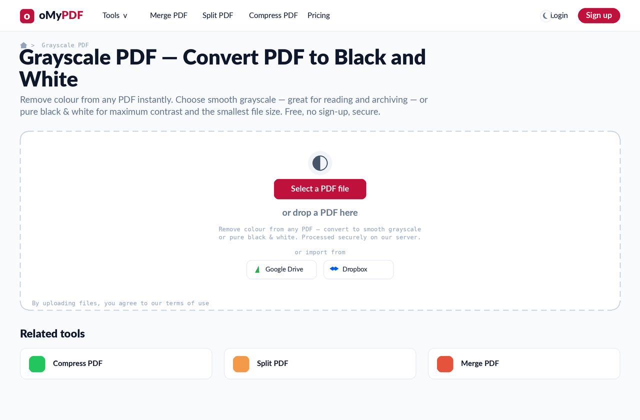 Grayscale PDF tool upload screen — convert a PDF to grayscale or black and white online free