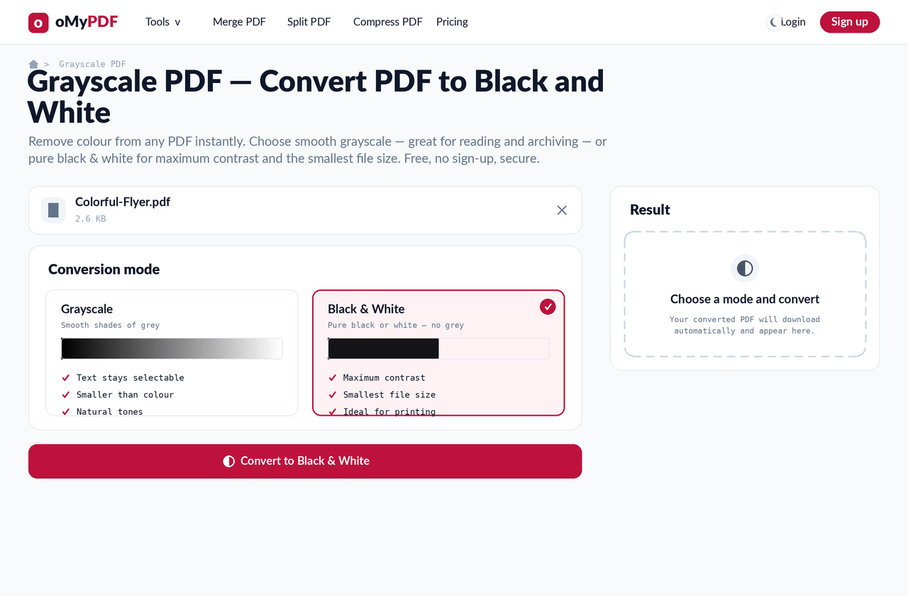 Selecting the Black & White mode for pure black or white with no grey