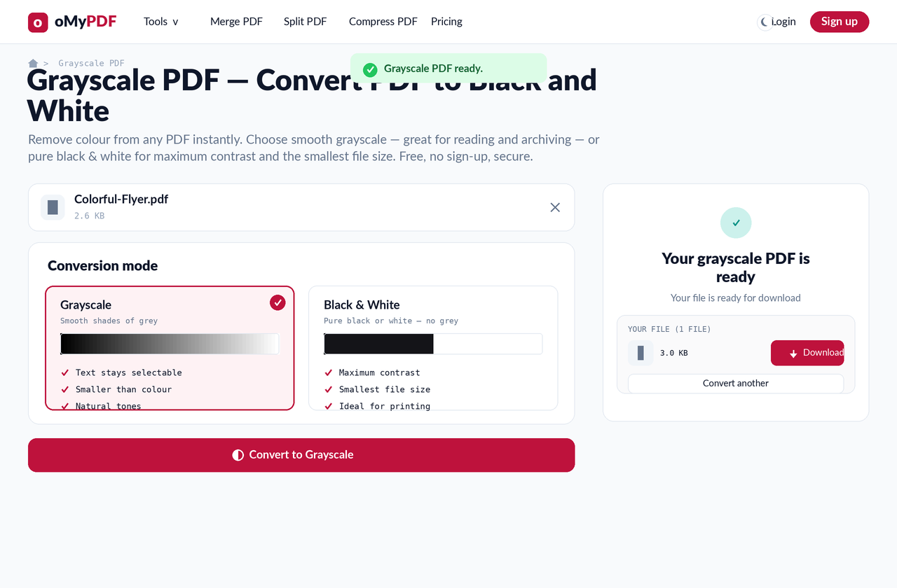Grayscale PDF ready to download after removing color from the PDF
