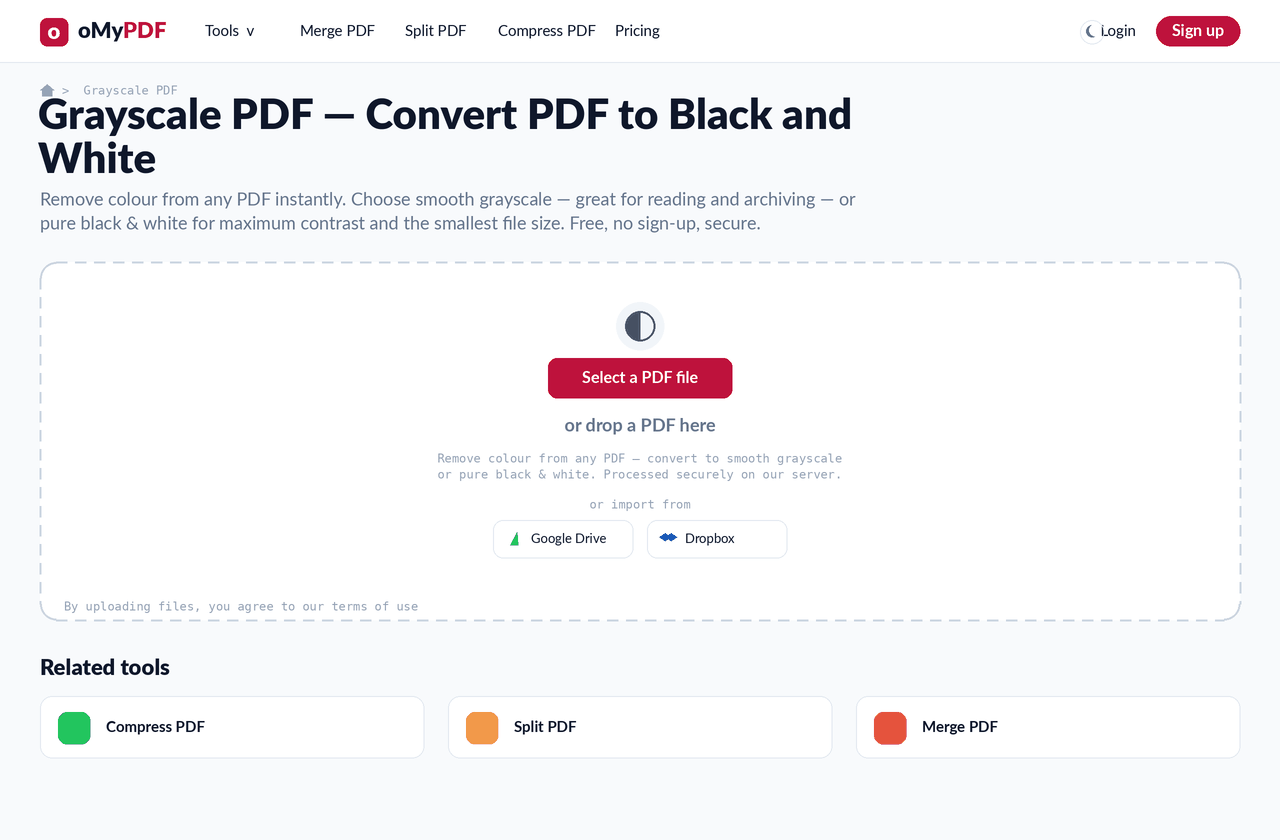 Animated walkthrough of converting a PDF to grayscale and downloading it