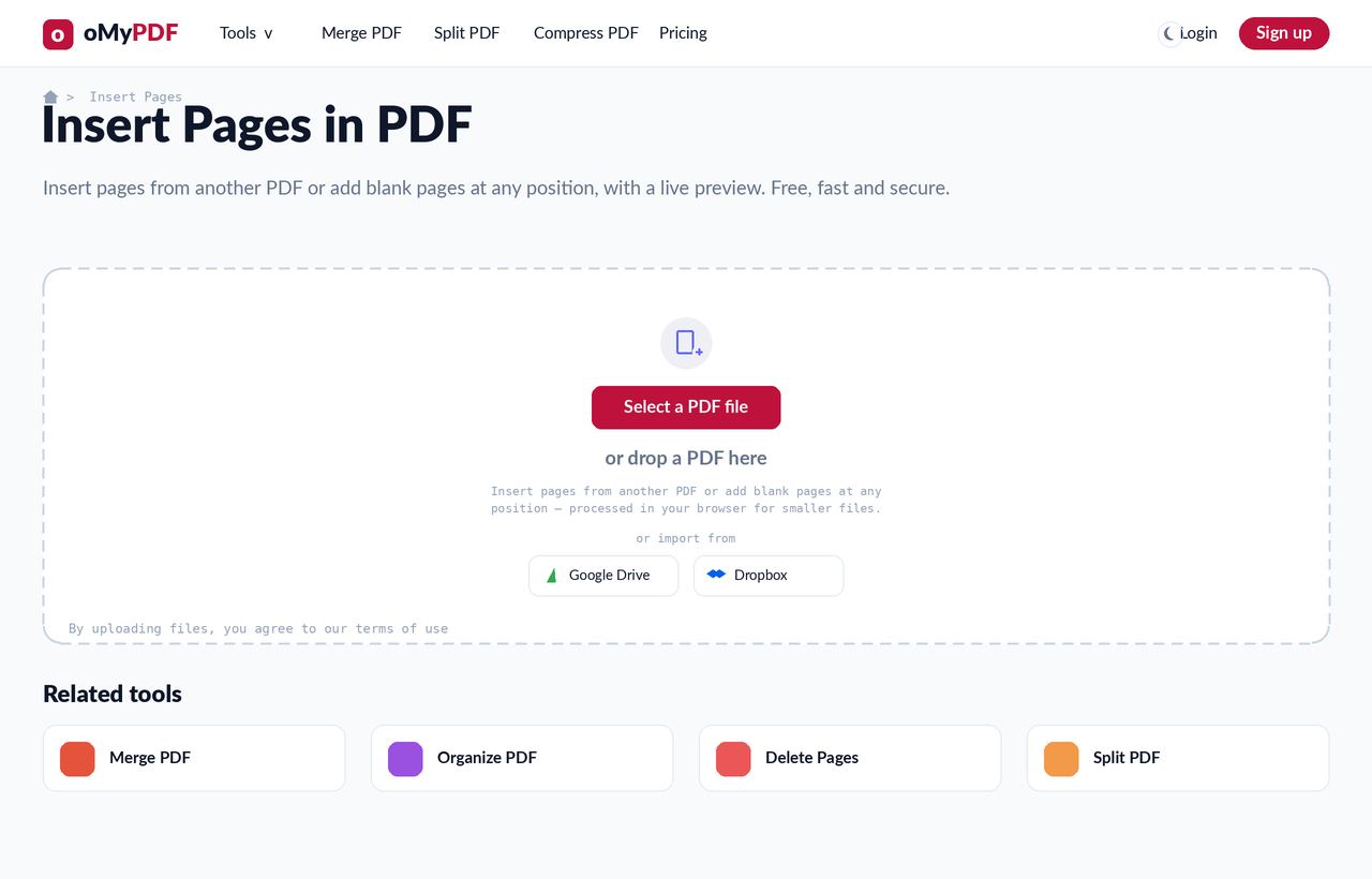 Insert Pages in PDF tool upload screen — insert pages into a PDF online free