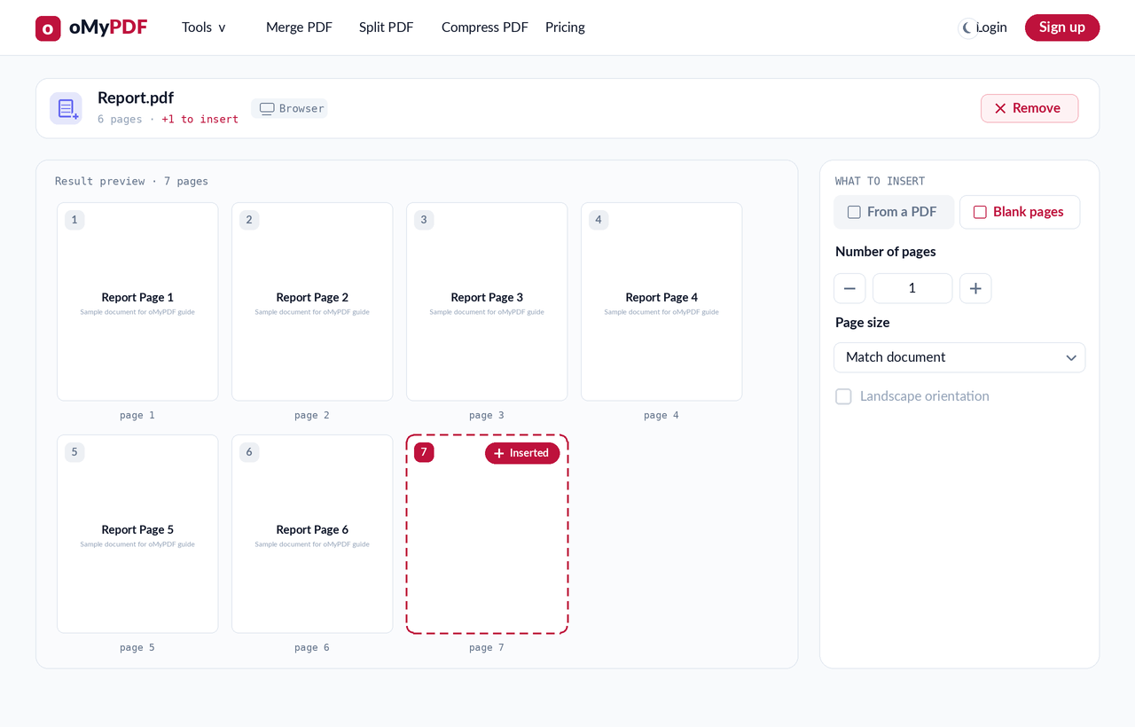Adding a blank page to a PDF with size and page-count options