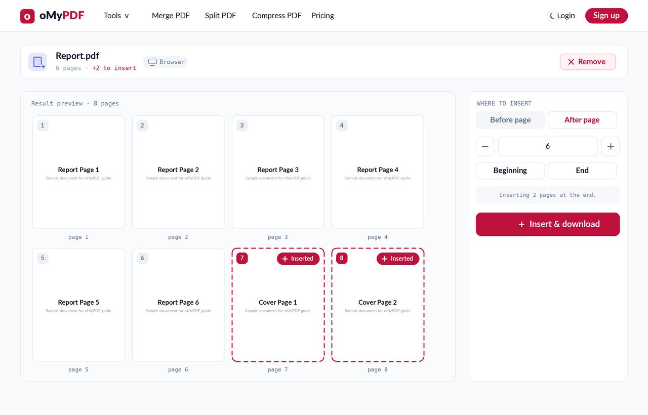 Choosing the position to insert pages — before or after a page, or at the beginning or end