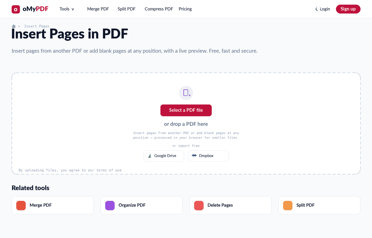 Animated walkthrough of inserting pages into a PDF and downloading a new file