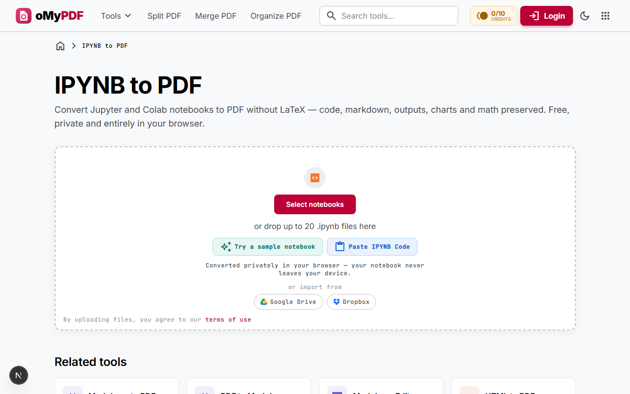 Uploading a Jupyter notebook .ipynb file to the oMyPDF IPYNB to PDF converter
