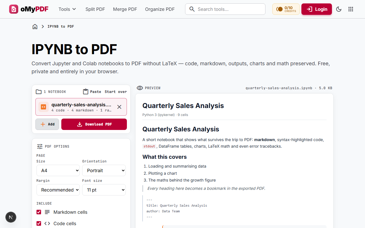Live preview of a Jupyter notebook showing code cells, outputs and a pandas DataFrame table