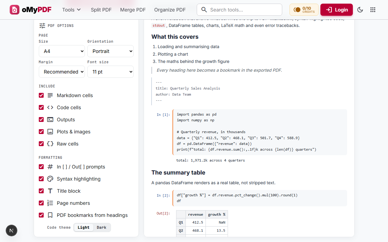 PDF options for a Jupyter notebook — page size, orientation, and toggles for markdown, code, outputs and raw cells