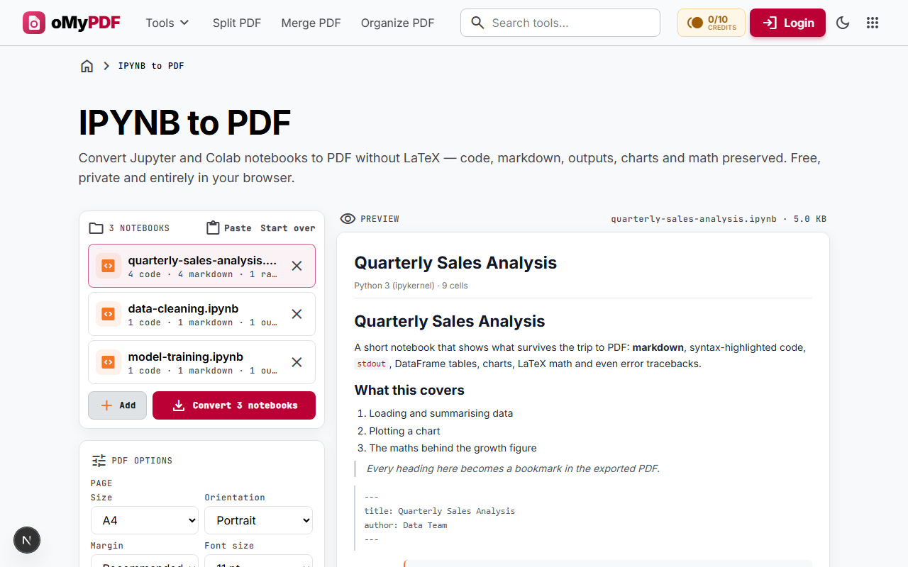 Batch converting three Jupyter notebooks to PDF at once with the Convert 3 notebooks button