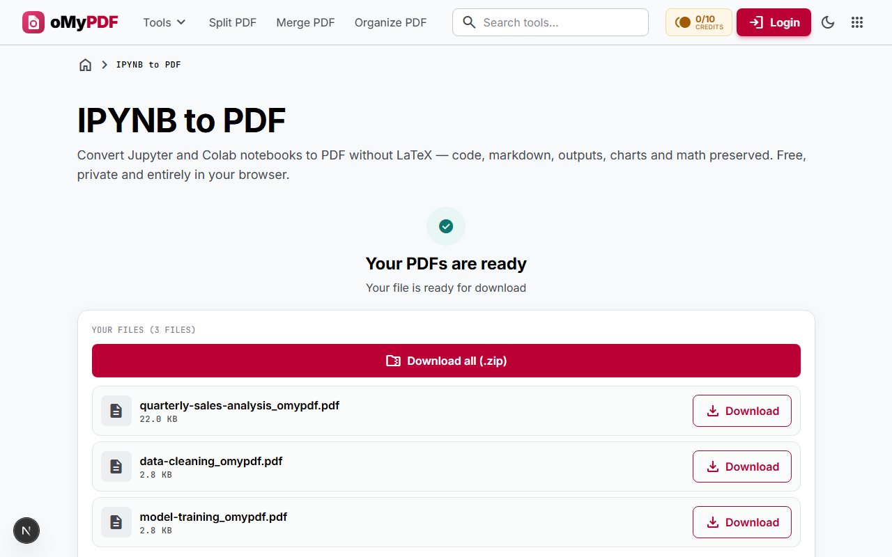 Downloading the converted notebook PDFs individually or together as a ZIP archive