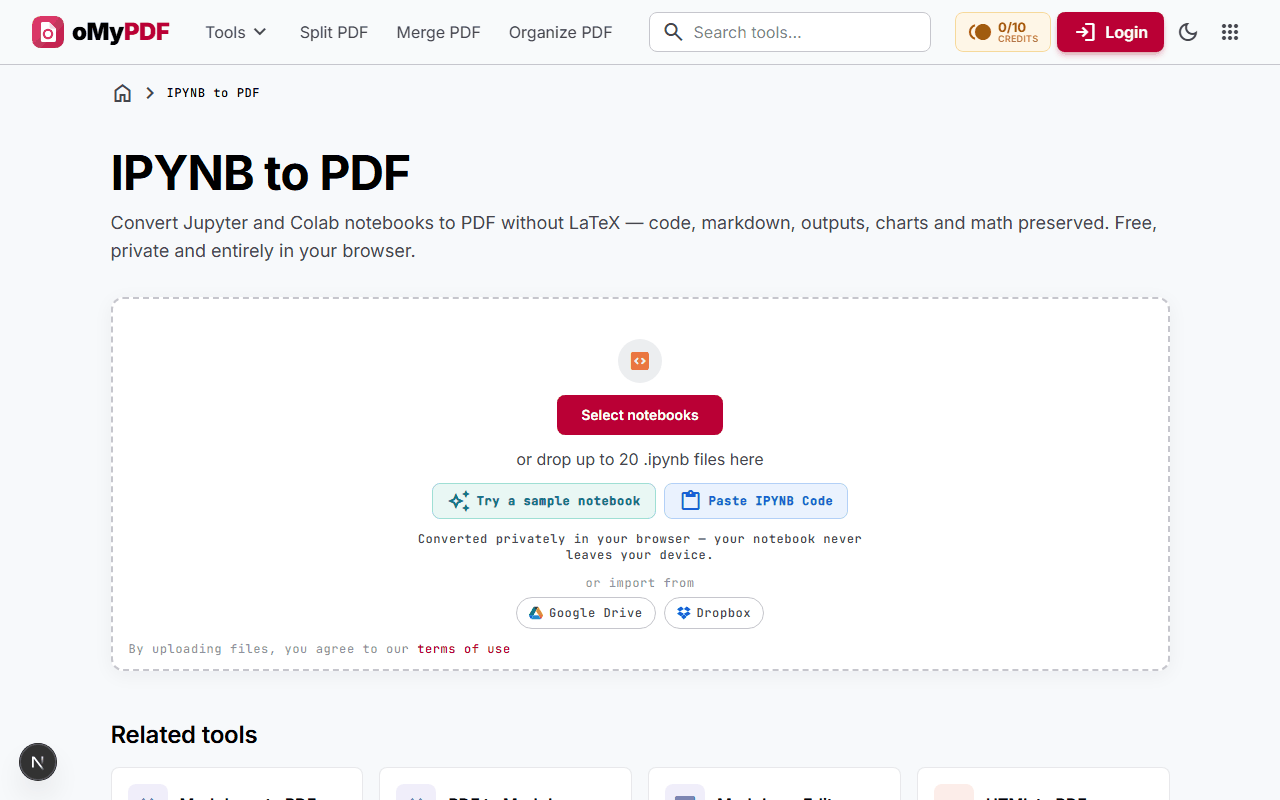 Animated walkthrough of converting a Jupyter notebook to PDF, from upload to the finished document