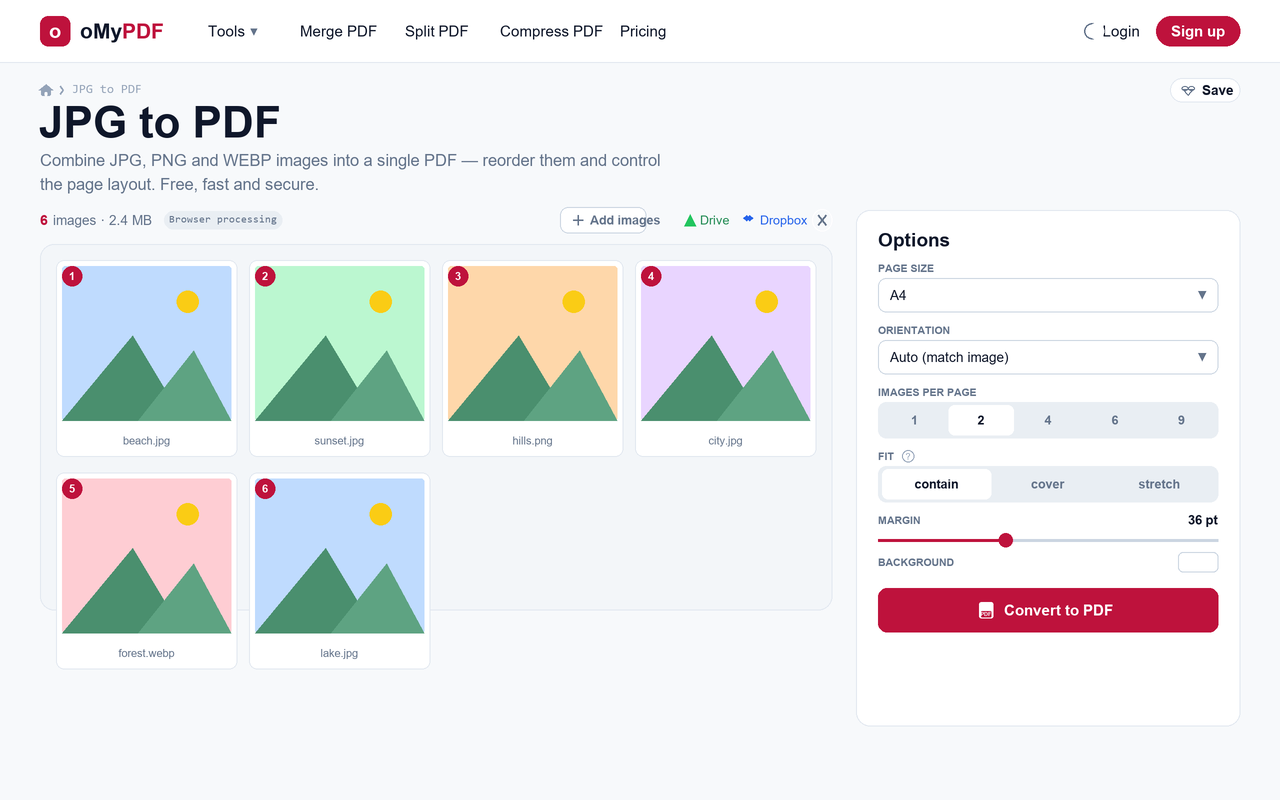 JPG to PDF options — page size, orientation, images per page, fit and margin