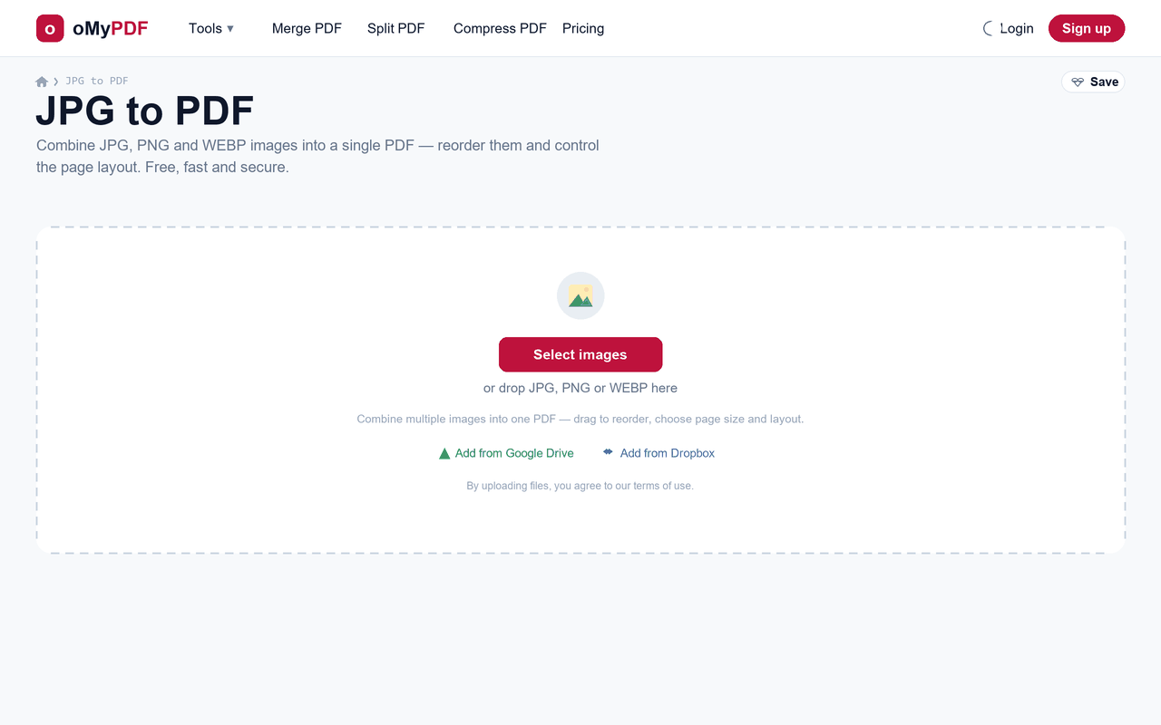 Animated walkthrough of converting JPG images to a PDF, reordering and choosing the layout