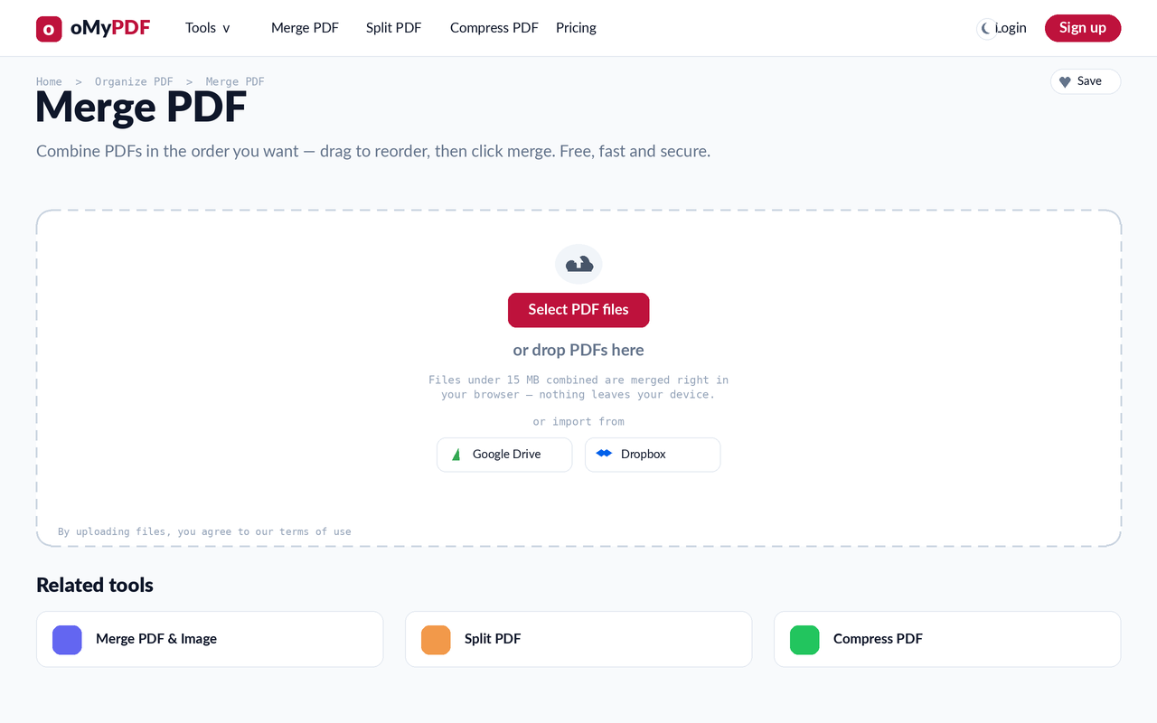 Merge PDF start screen with the Select PDF files upload area