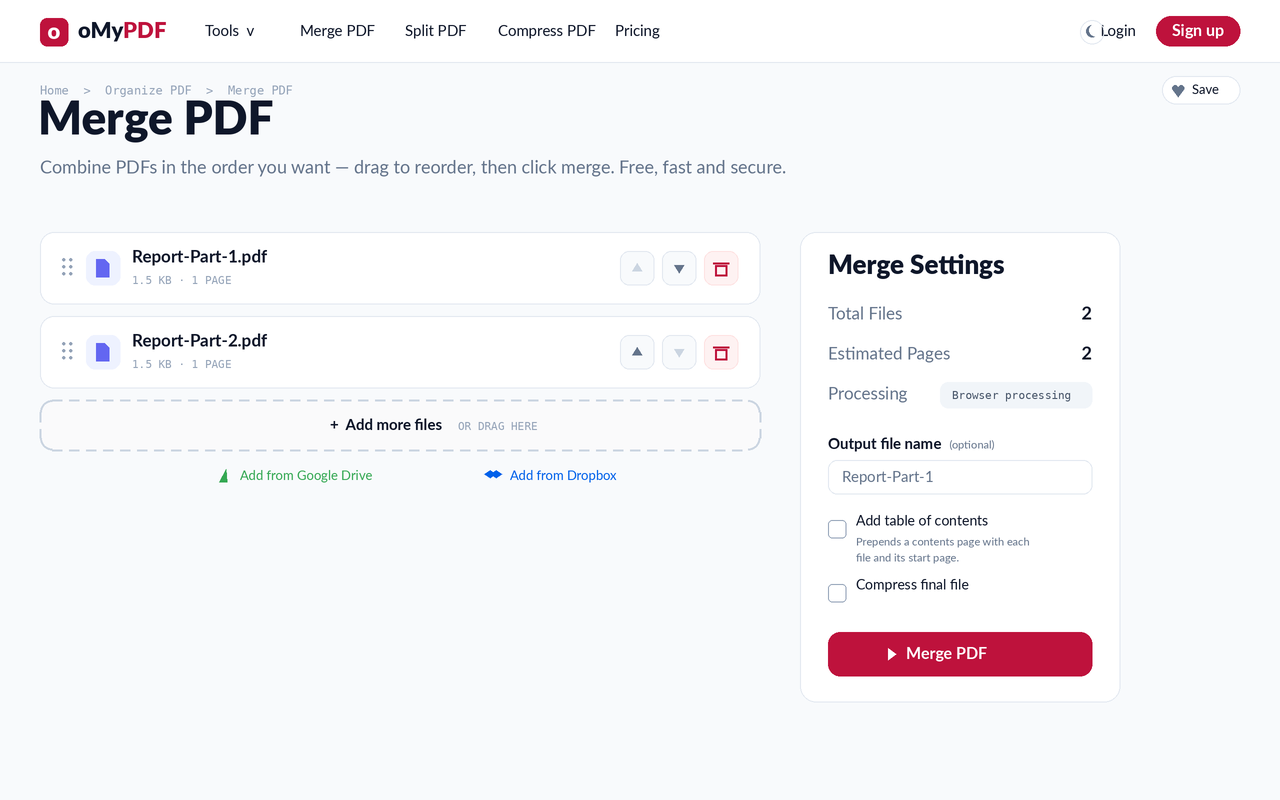 Two PDF files added to the merge list with the Merge Settings panel