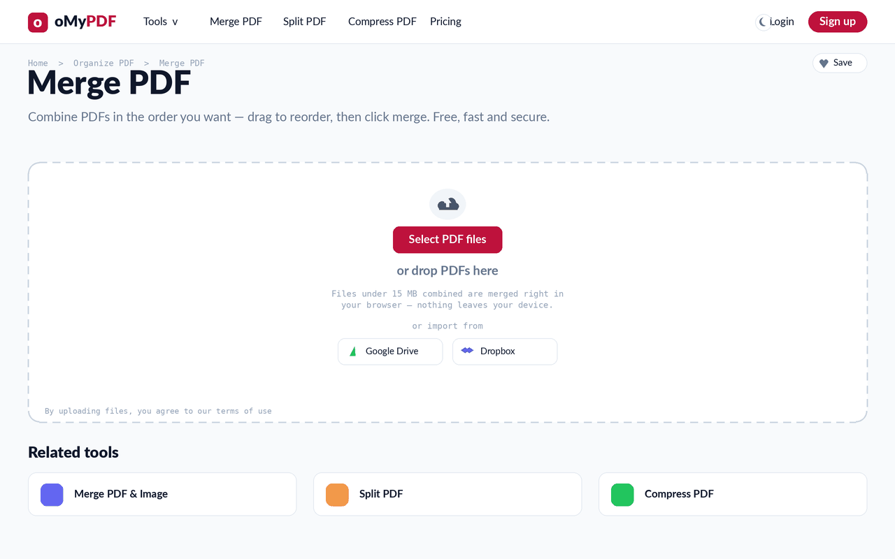 Animated walkthrough of merging two PDFs from upload to download