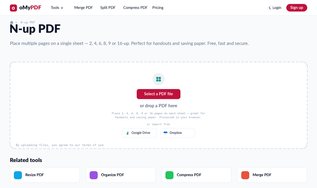N-up PDF tool upload screen — put multiple PDF pages on one sheet online free