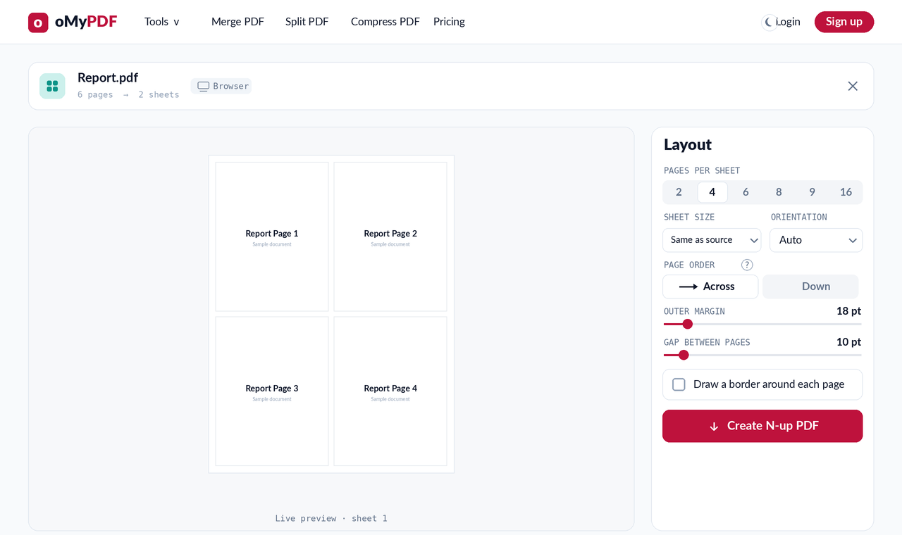 4-up layout arranging four PDF pages in a grid on one sheet