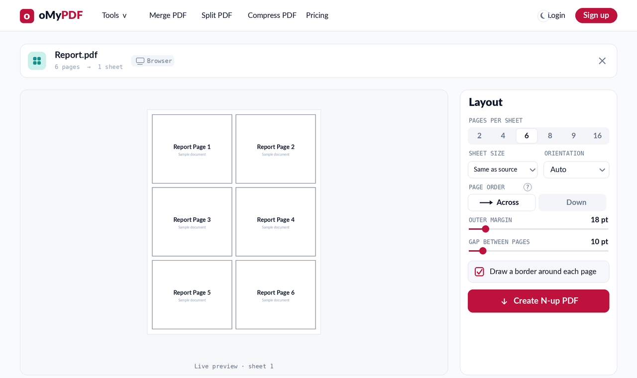 N-up layout options — page order, margins, gap and a border drawn around each page