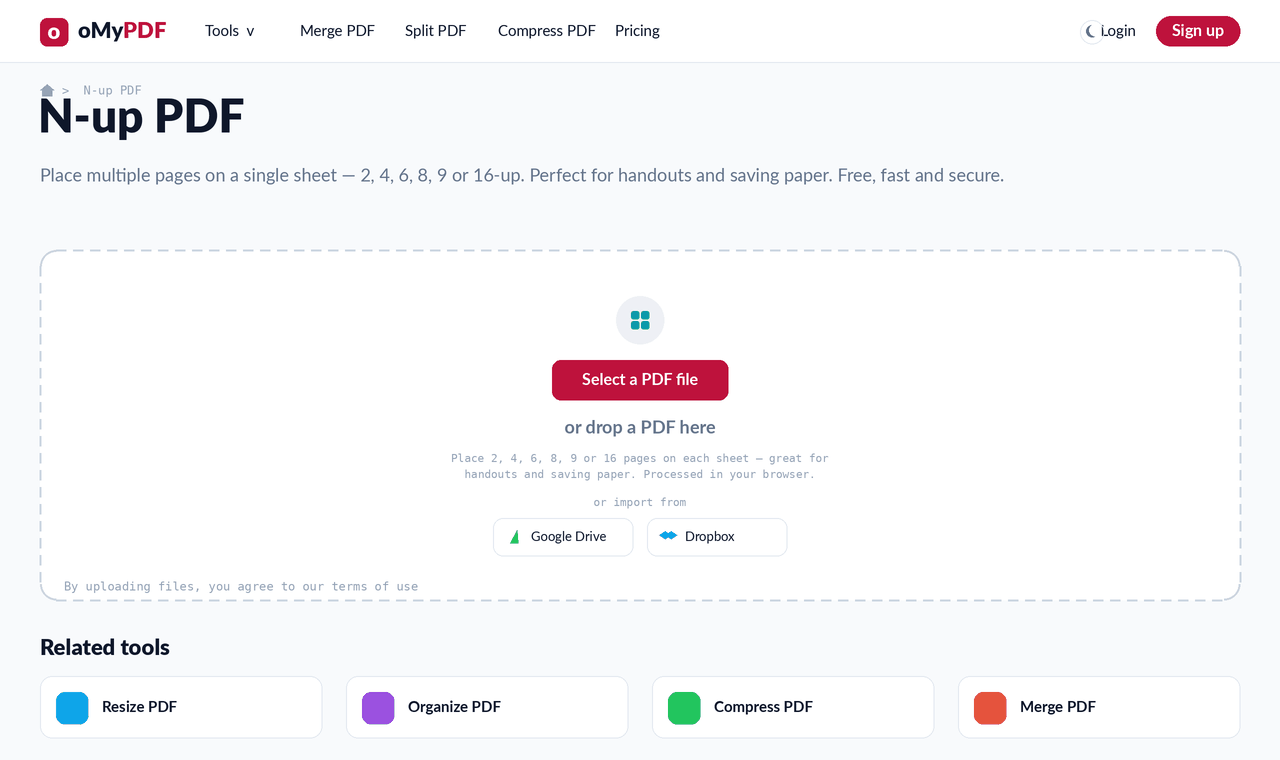 Animated walkthrough of placing multiple PDF pages on one sheet and downloading the N-up PDF