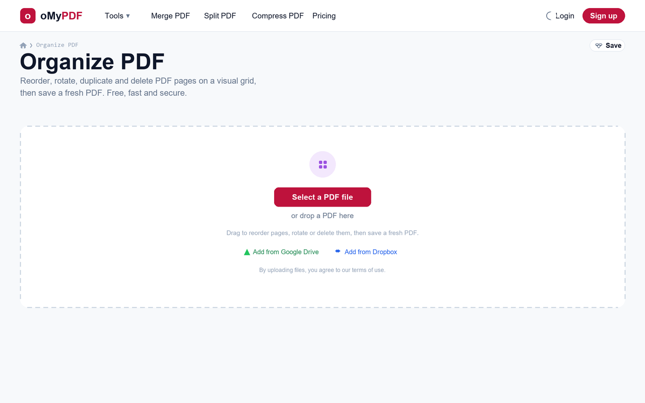 Organize PDF tool upload screen — rearrange PDF pages online free