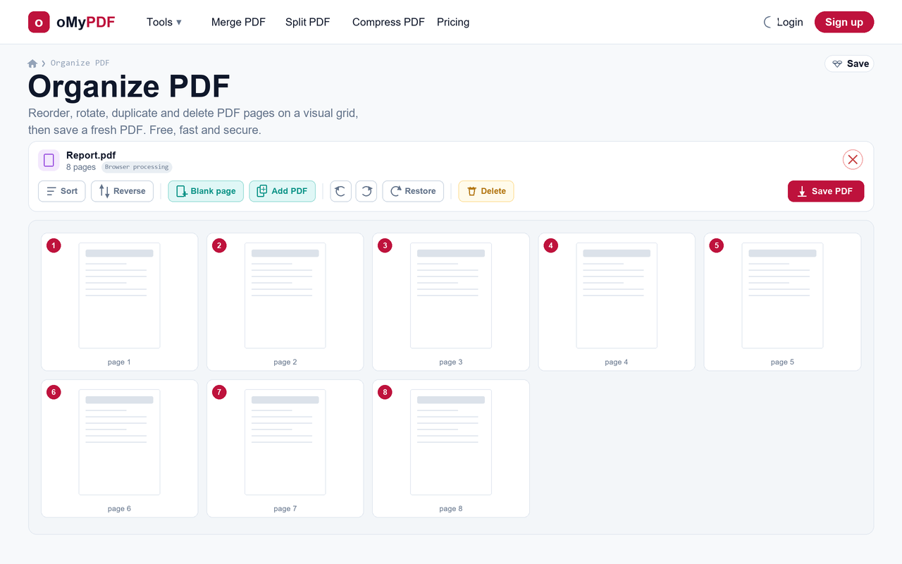 PDF pages shown as a numbered thumbnail grid in the Organize PDF tool