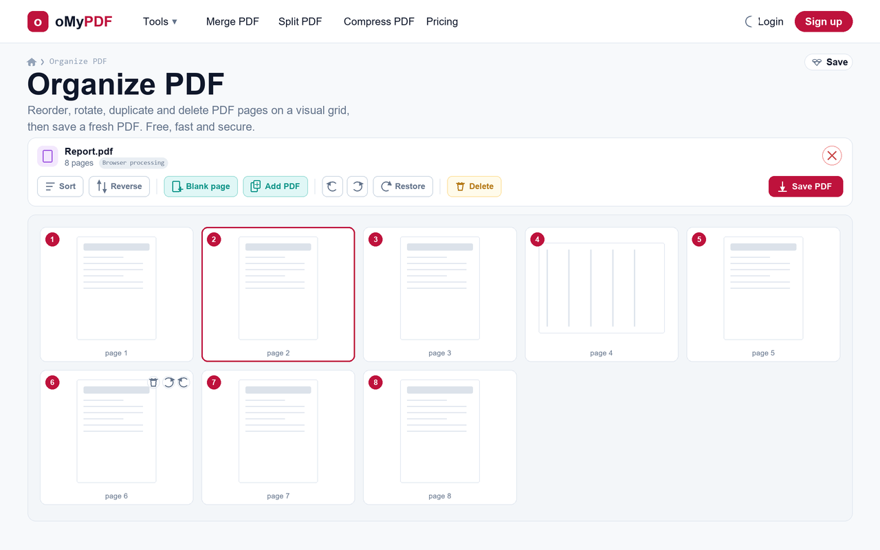 Dragging to reorder PDF pages and rotating a page on the grid
