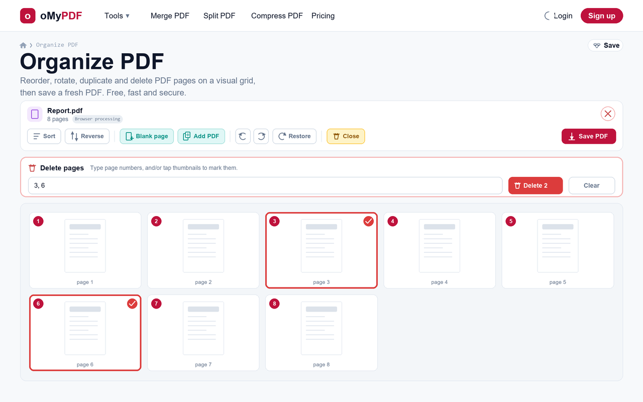 Deleting PDF pages by typing numbers and marking thumbnails