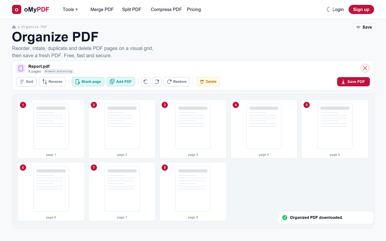 Organized PDF downloaded confirmation after rearranging pages