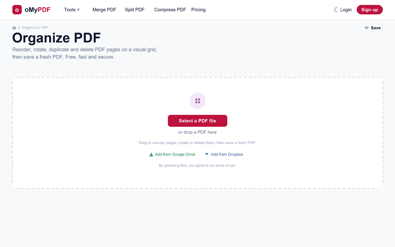 Animated walkthrough of reordering, rotating and deleting PDF pages, then saving