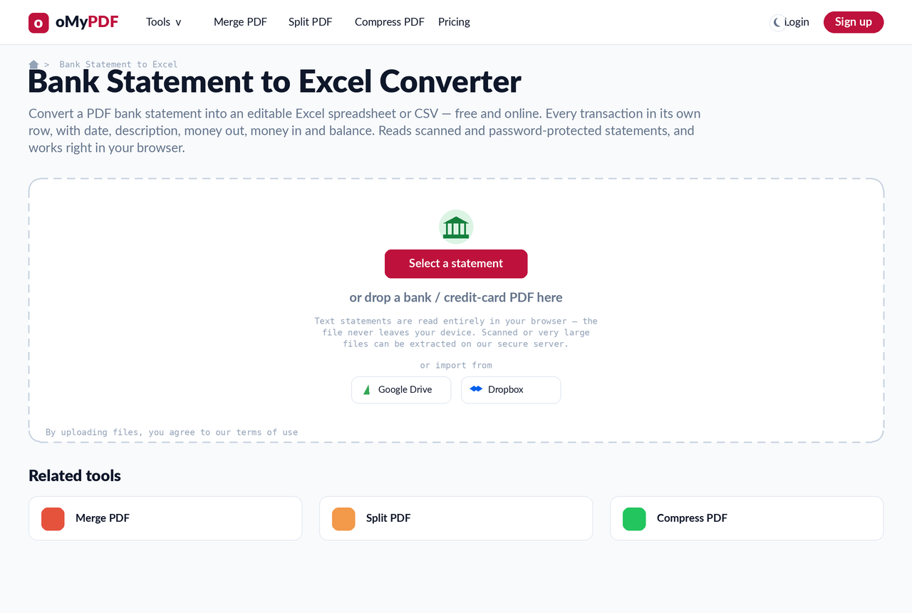 Bank statement to Excel converter upload screen — convert a bank statement PDF to Excel online free