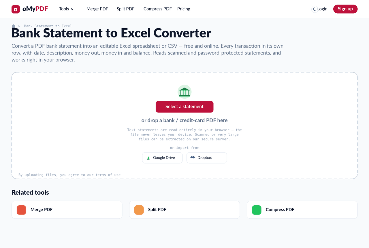 Animated walkthrough of converting a bank statement PDF to an Excel spreadsheet
