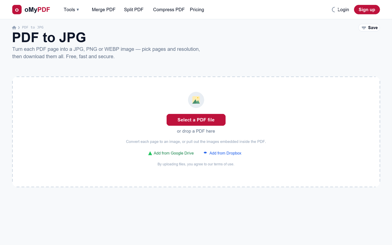 PDF to JPG tool upload screen — convert PDF to image online free