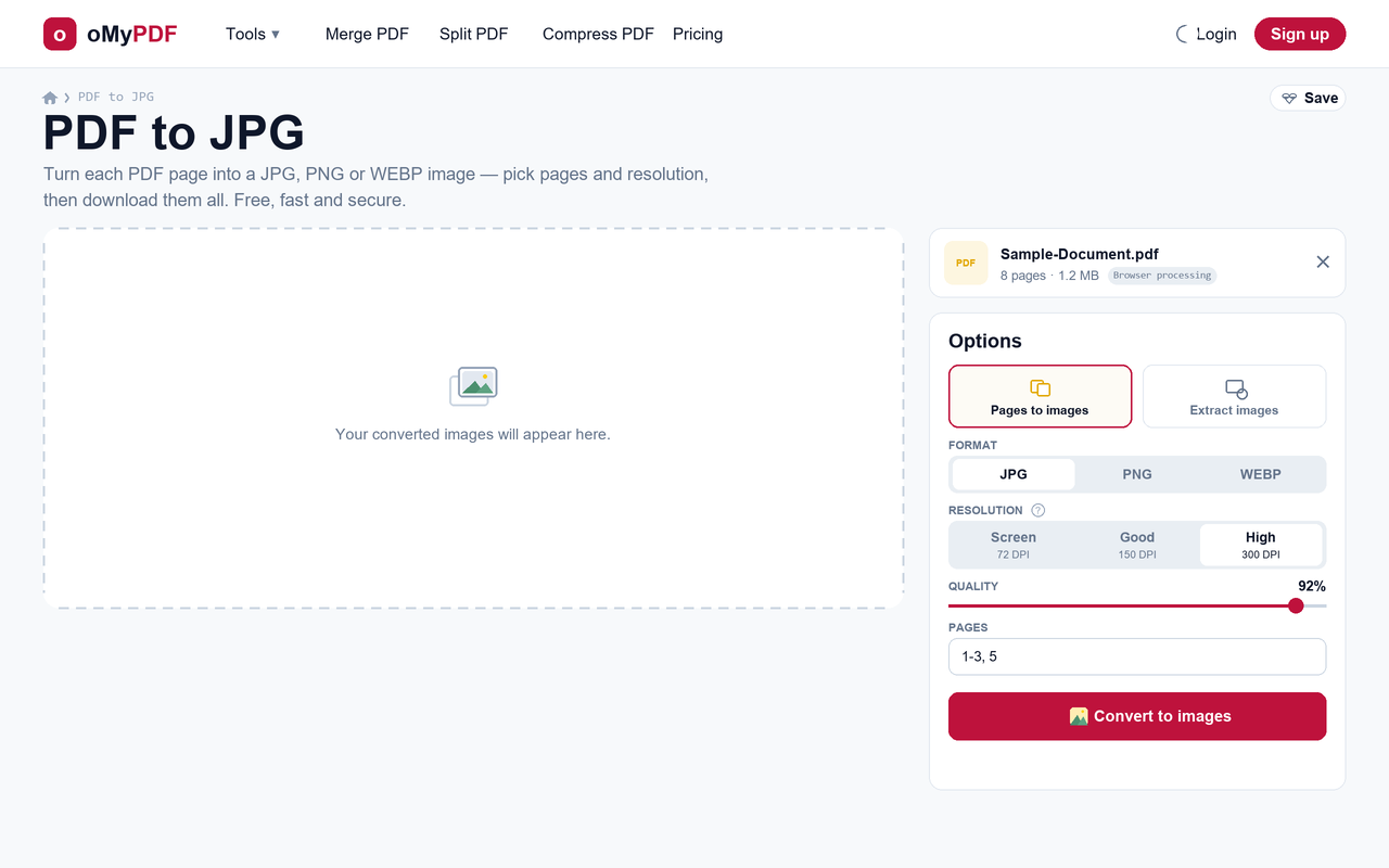 Choosing High 300 DPI resolution, quality and a page range to convert PDF to JPG