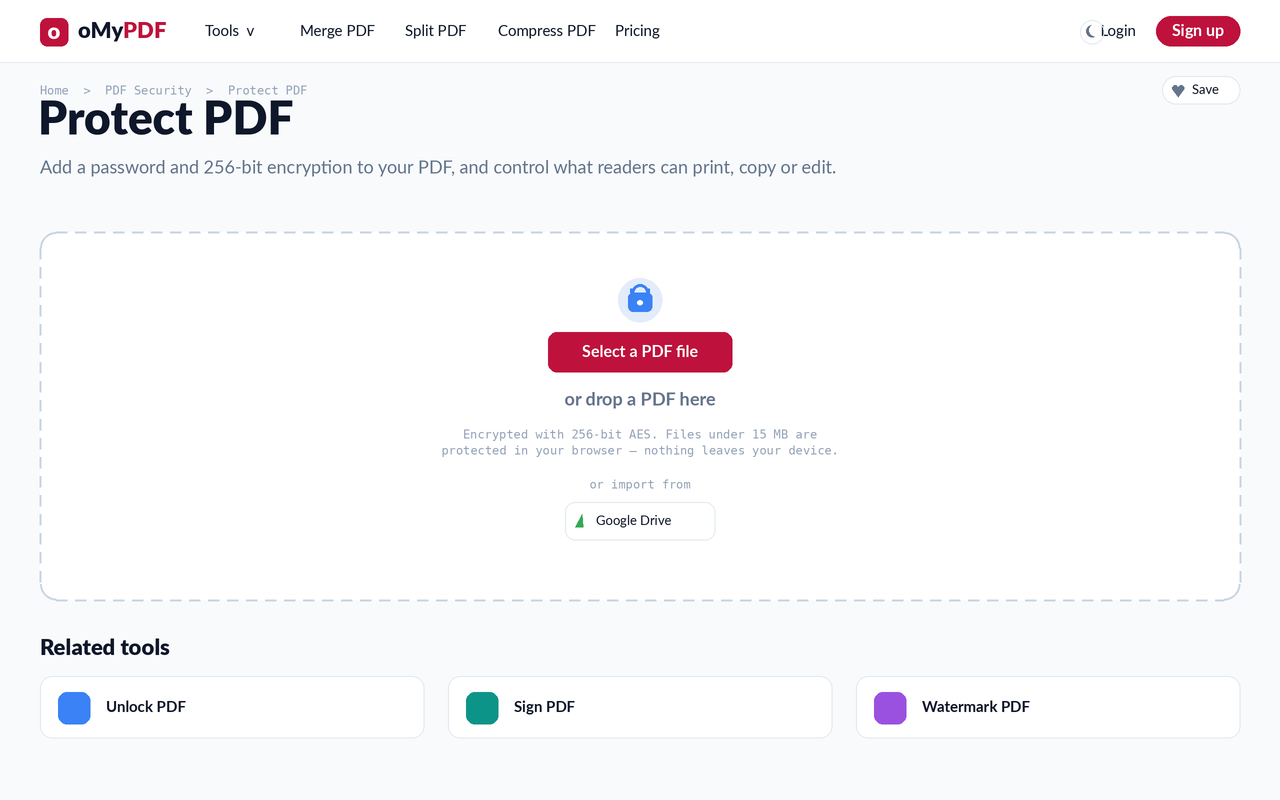 Protect PDF tool upload screen — password protect a PDF online free